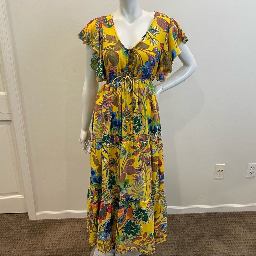 NWT ME 2 MAGIC Yellow Floral Flutter Sleeve Midi Dress